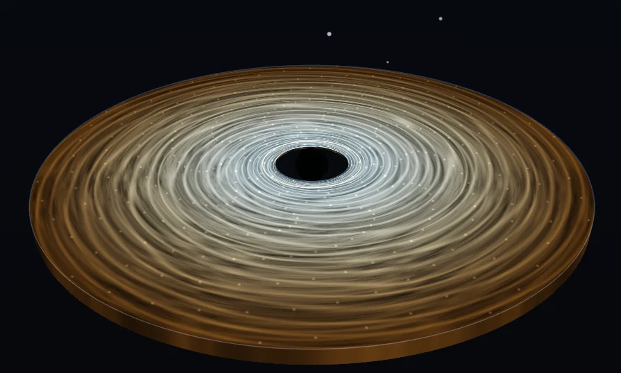 A luminous golden accretion disc surrounds a dark central region