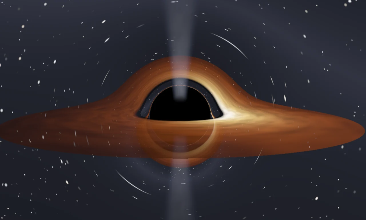 An orange accretion disc bends above and below the dark silhouette of a black hole