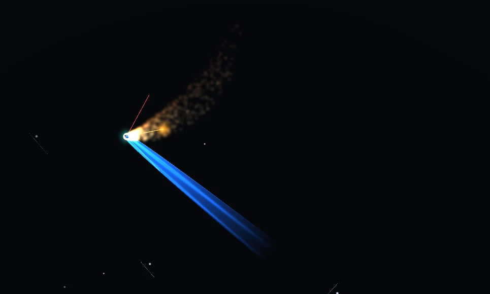 A comet has a curved golden dust tail and a straighter blue ion tail