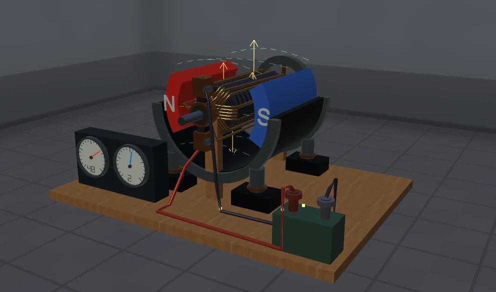Un motore a corrente continua dettagliato su una base di legno, con poli magnetici rossi e blu, un rotore a vista e strumenti di misura