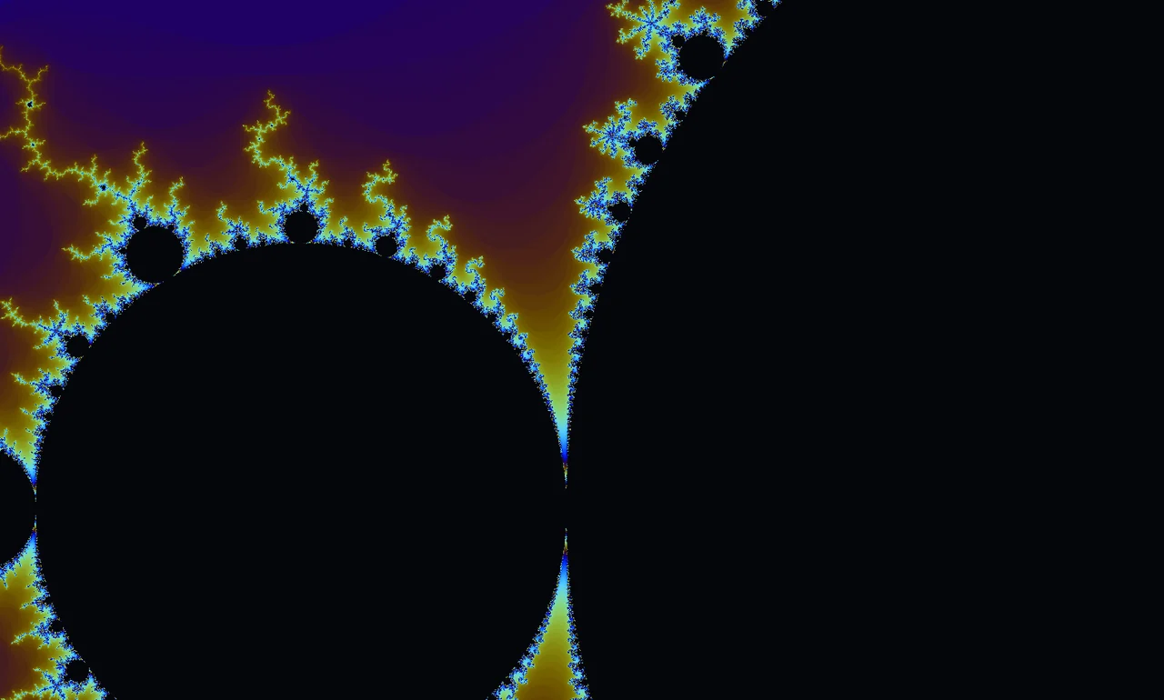 A magnified Mandelbrot boundary with yellow, violet and cyan branches