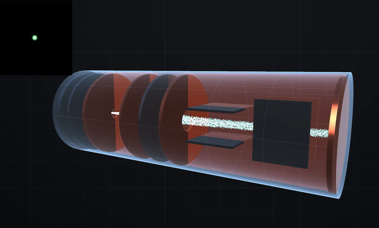 A translucent electron-optics tube revealing electrodes and a coloured particle beam