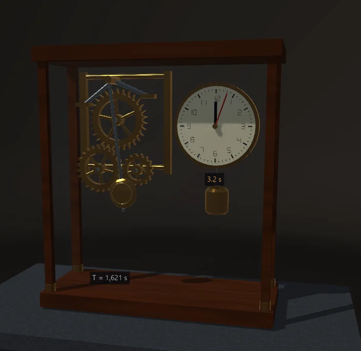 Un orologio di legno con il fronte di vetro rivela il quadrante, gli ingranaggi di ottone, lo scappamento e il pendolo oscillante