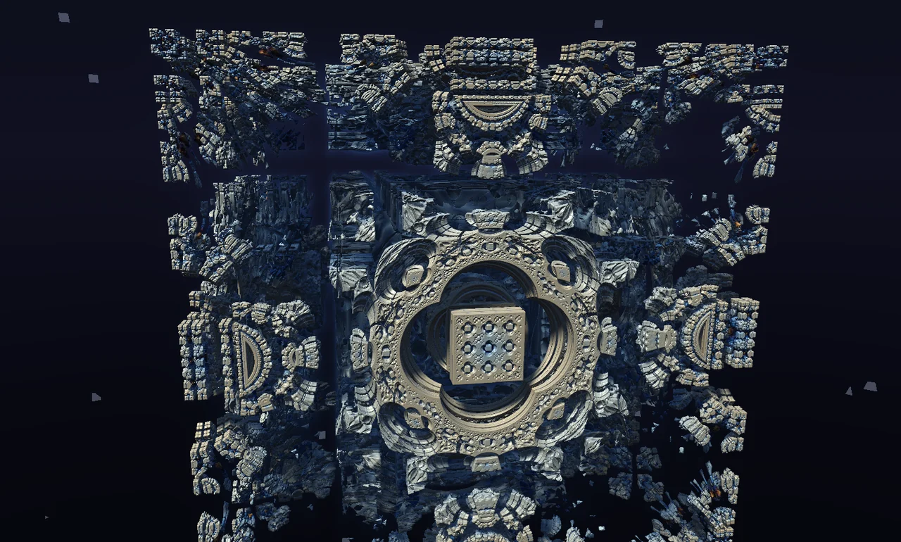 A detailed three-dimensional fractal with repeating towers, cavities and geometric ridges