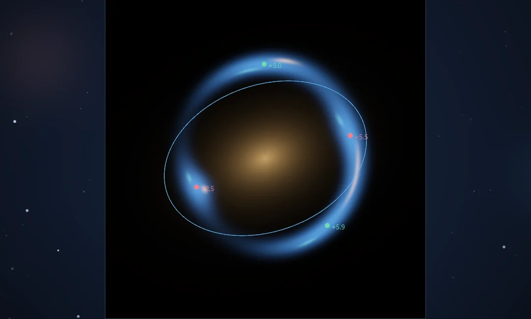 A blue gravitationally lensed arc curves around a glowing foreground mass