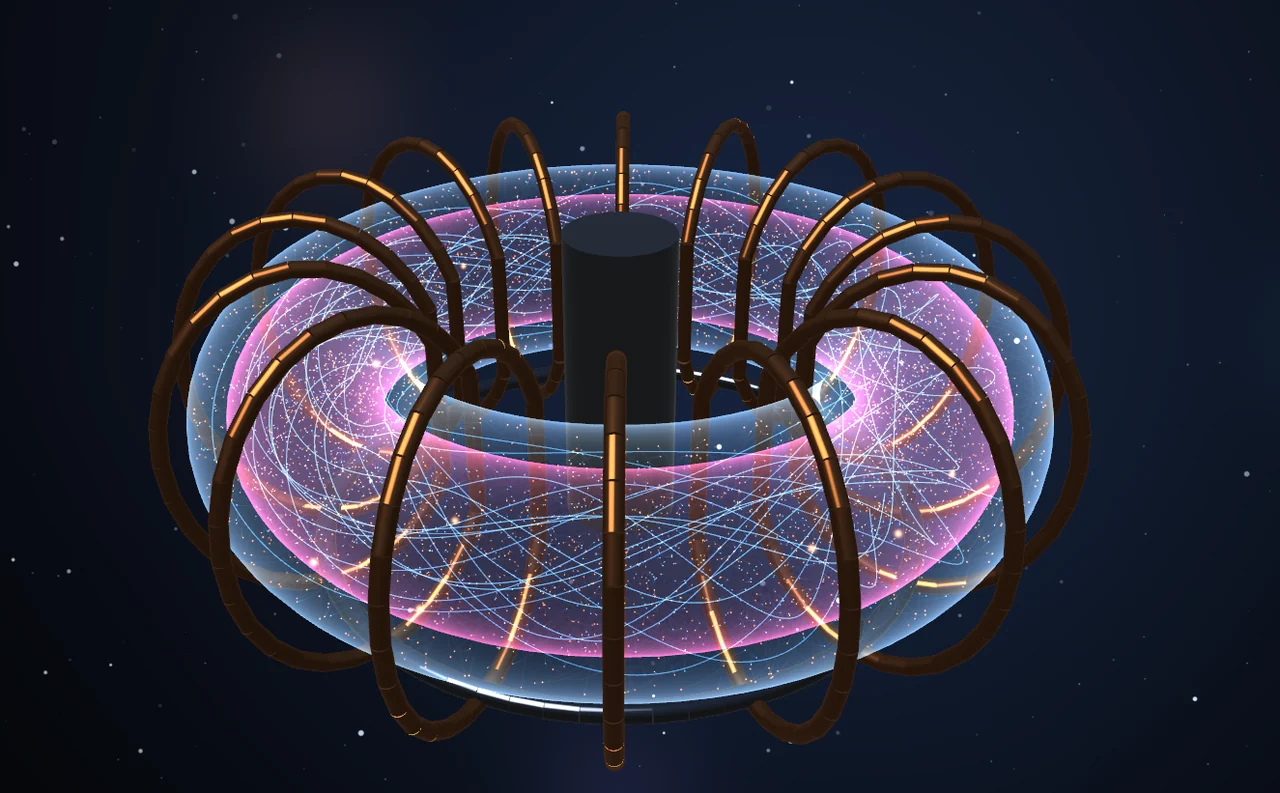 Glowing particle trails inside the copper coils of a three-dimensional tokamak