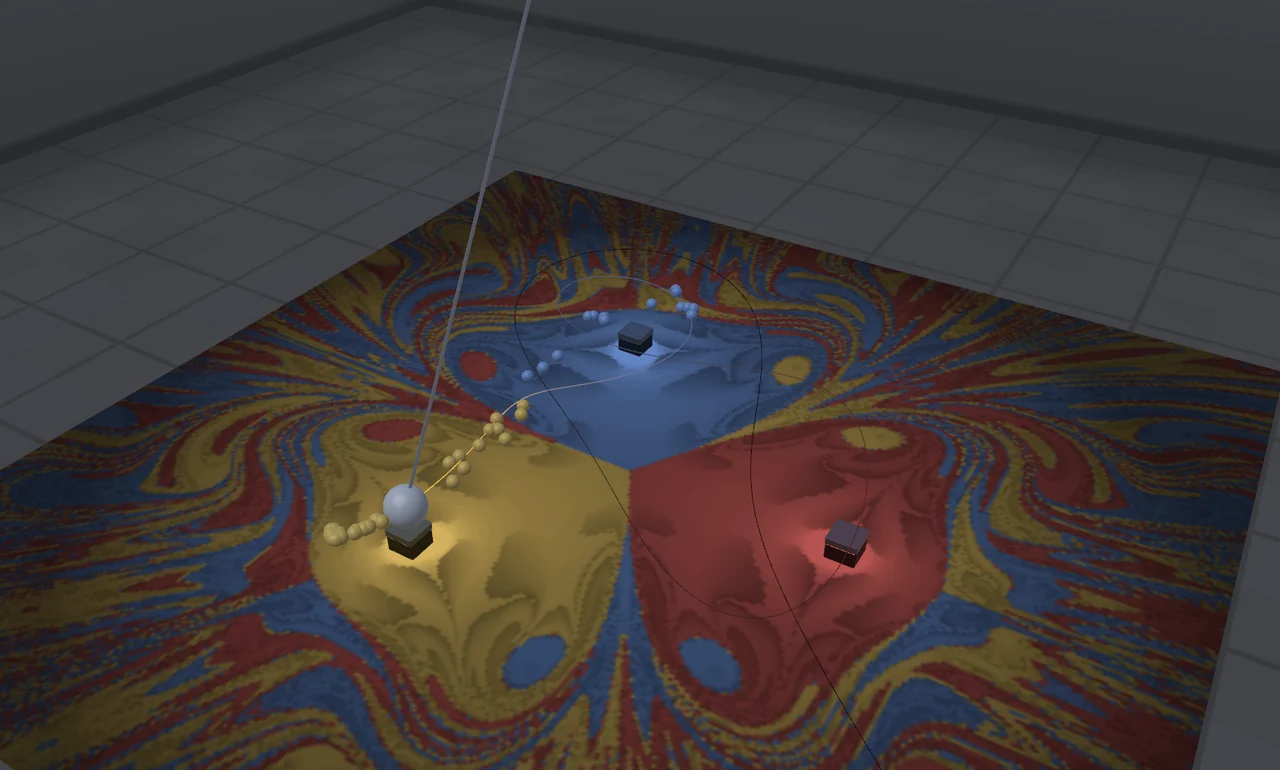 Three magnets above a colourful map of a magnetic pendulum’s basins of attraction