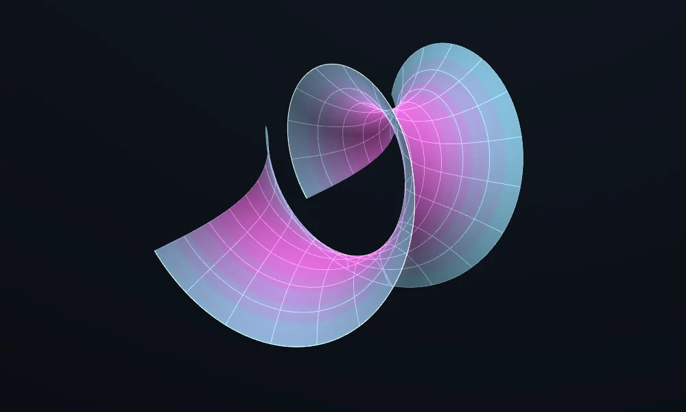 A pink and cyan minimal surface curls through three-dimensional space