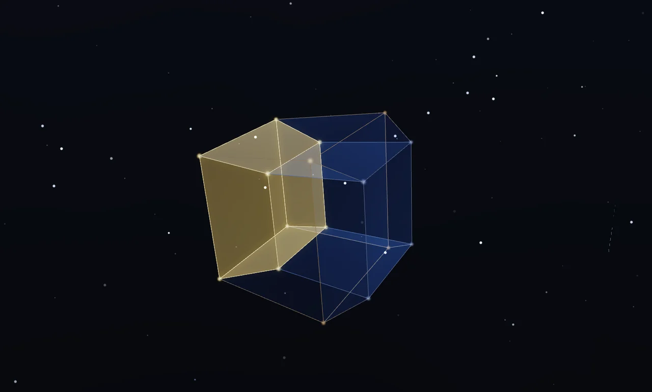 A translucent projection of a four-dimensional polytope with nested golden and blue cells