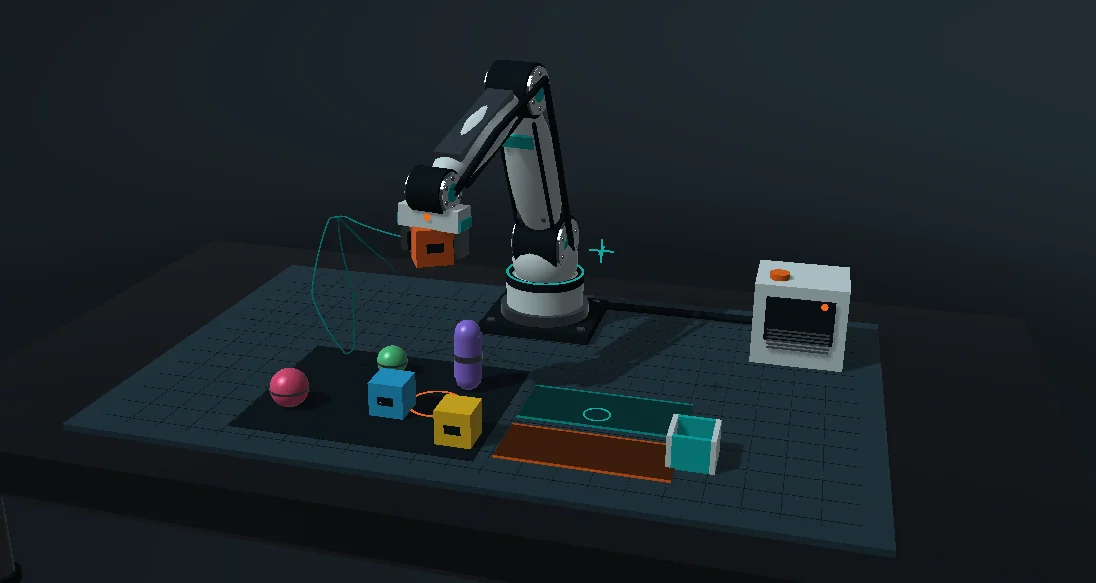 Un braccio robotico a sei assi solleva un blocco arancione sopra un banco di lavoro con oggetti colorati e zone di smistamento