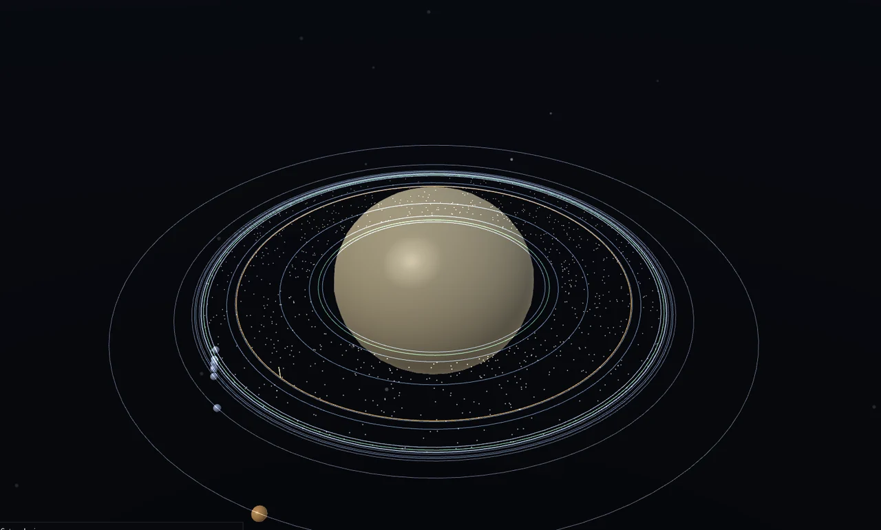 Saturn surrounded by orbiting ring particles, moons and concentric resonance guides