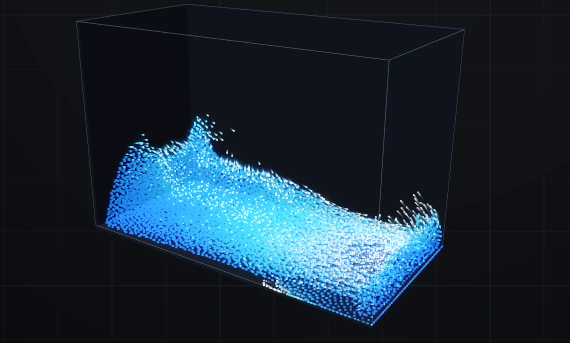 Thousands of blue fluid particles form a wave inside a transparent simulation volume