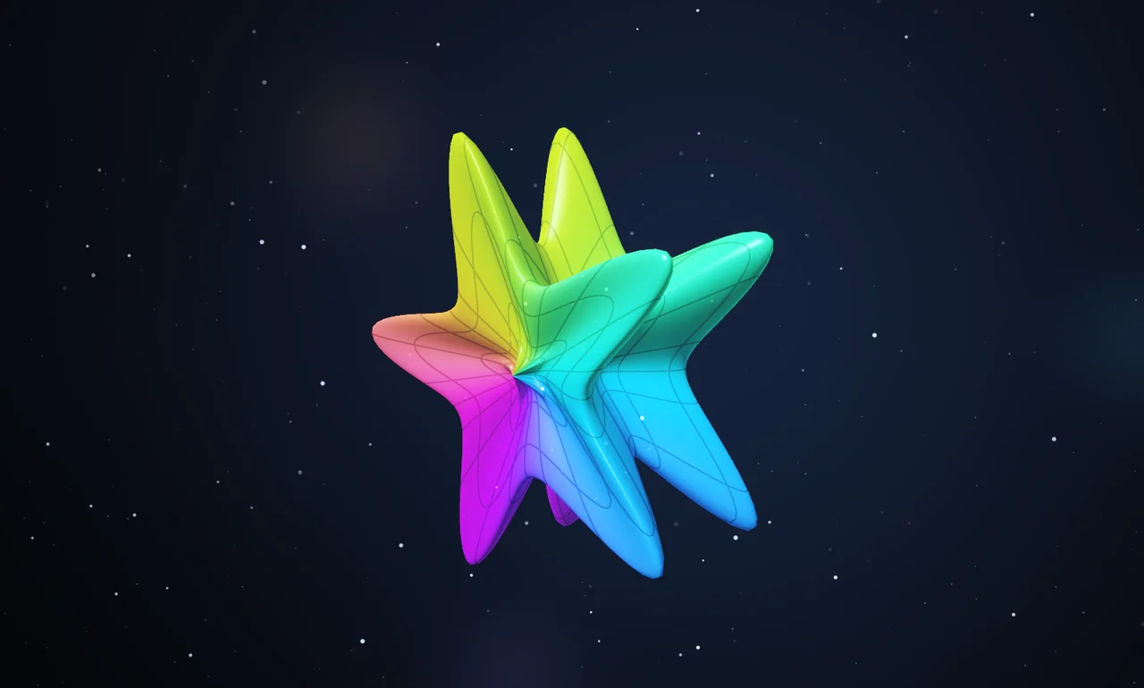 A luminous multicoloured three-dimensional supershape with rounded star-like lobes