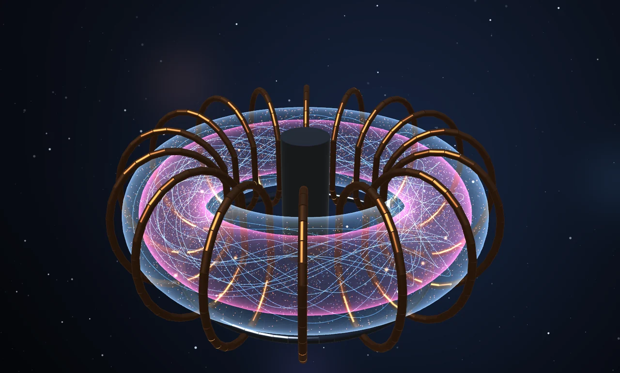Glowing particle trails inside the copper coils of a three-dimensional tokamak