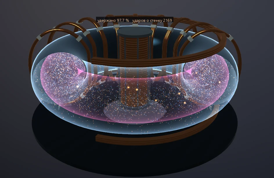 Un tokamak aperto mostra scie luminose di particelle all’interno di una camera toroidale trasparente con bobine magnetiche di rame