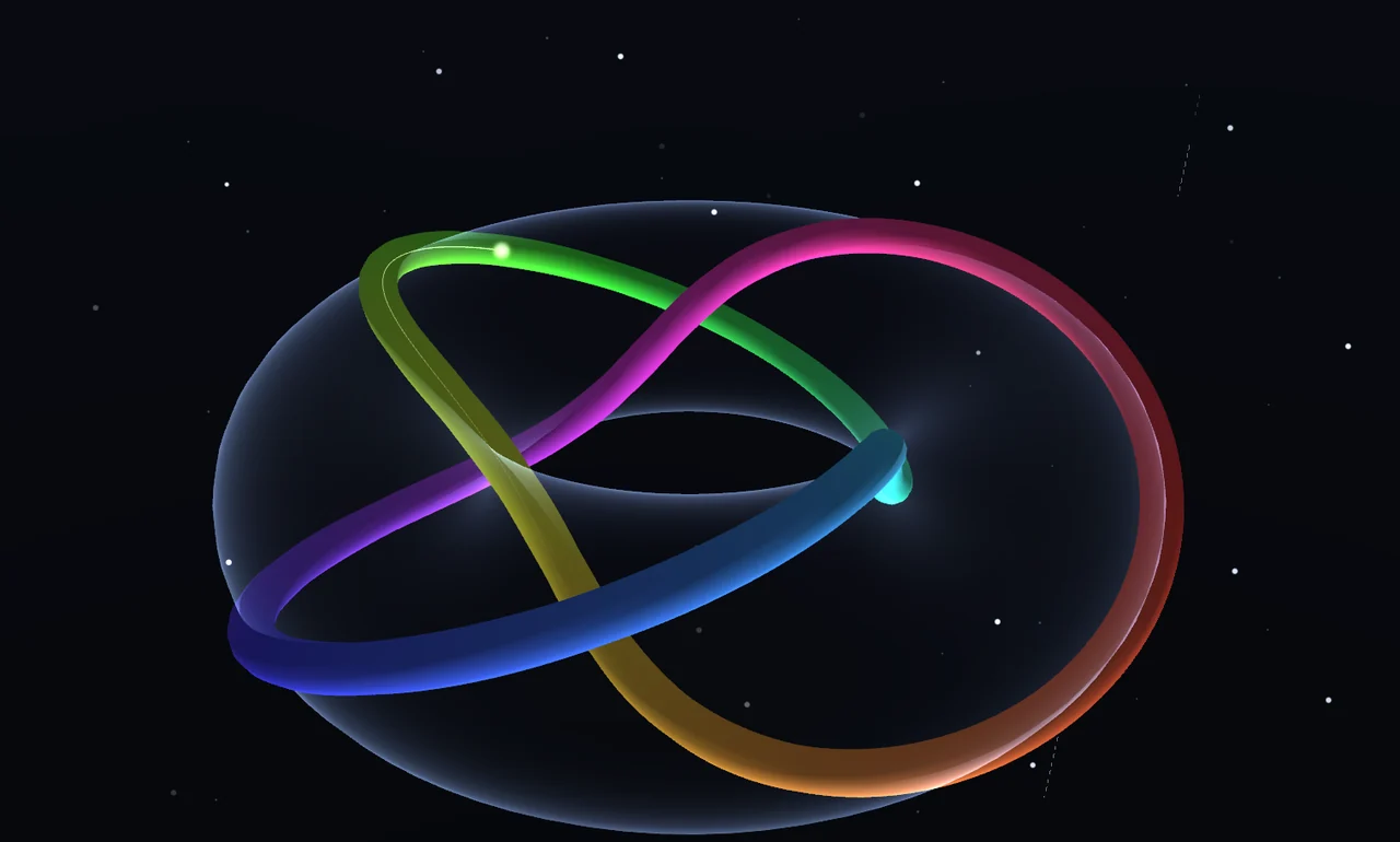 A multicoloured trefoil knot winds around a translucent glass torus