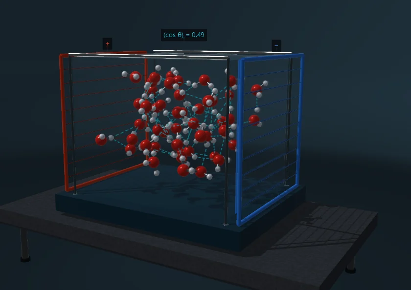 Molecole d’acqua rosse e bianche riempiono una scatola trasparente tra piastre di campo blu e rosse