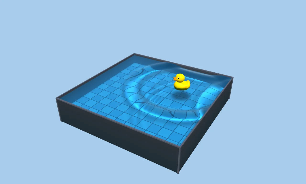 An illuminated pool with circular water ripples around a floating yellow duck